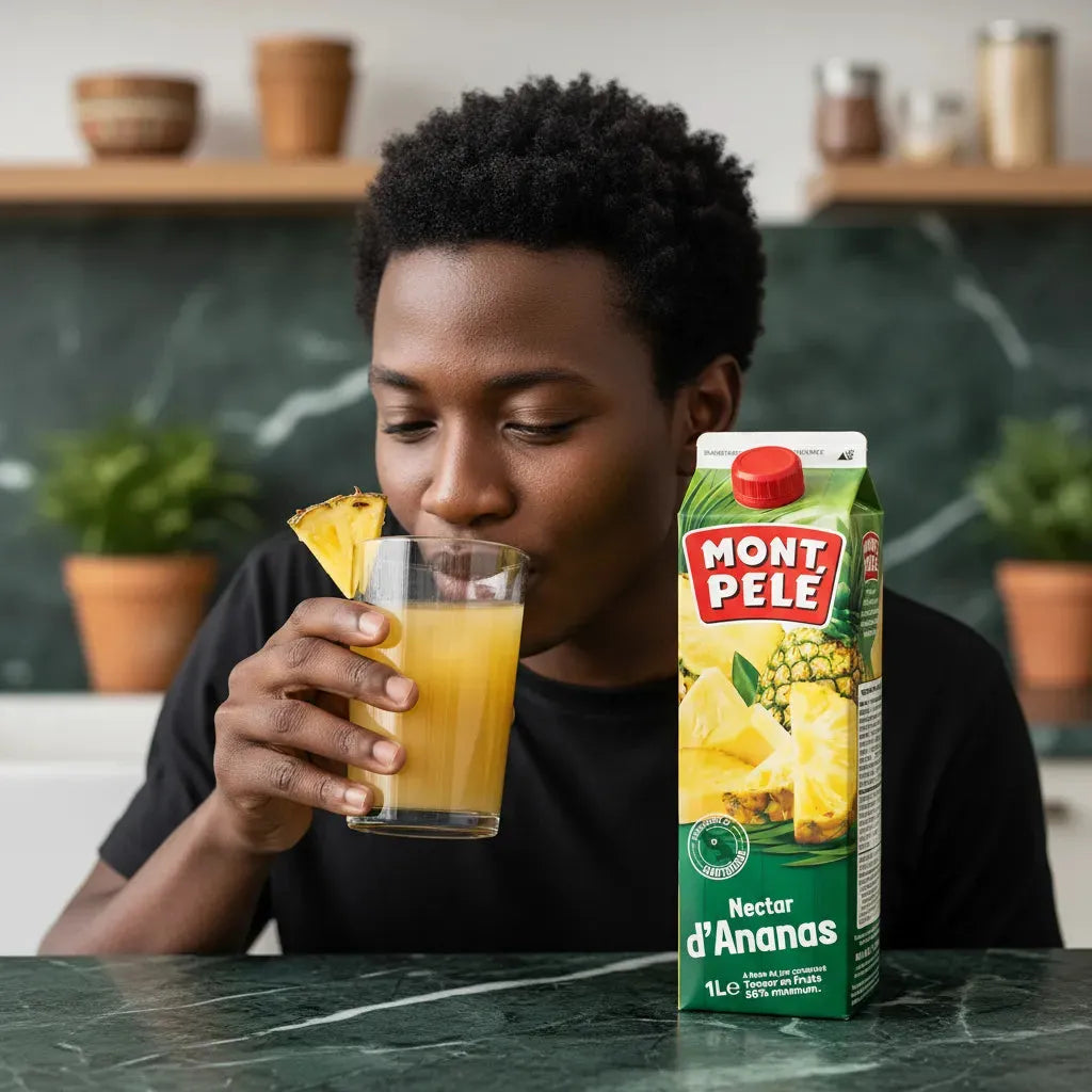 Homme dégustant un verre de nectar d'ananas MONTPELÉ, boisson fruitée et onctueuse parfaite pour une expérience tropicale rafraîchissante.